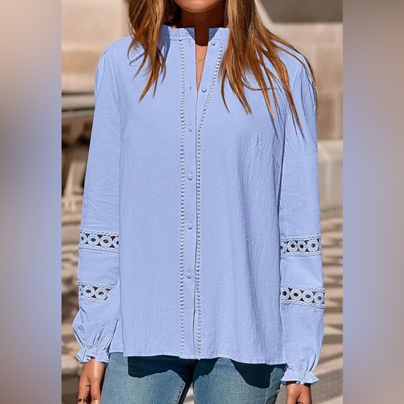 Light Blue Peasant Embroidered Top | Long Sleeve & Buttons | Cotton | M | New - Picture 7 of 14
